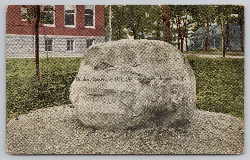 Boulder Erected by Rev Jos. Cook Ticonderoga New York NY Postcard Mont Calm