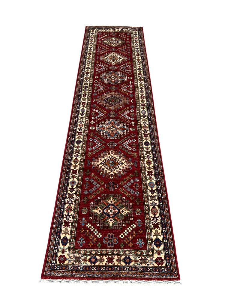Afghan Super Kazak Runner 3x10 Ft – Red Handmade Wool Rug  Tribal Hallway Carpet