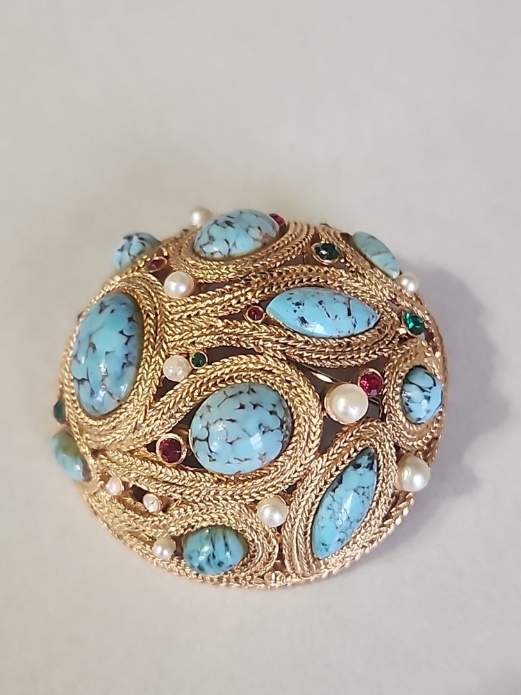 VTG Sphinx Style Domed Brooch Faux Turquoise Pearl Red Crystal Gold Tone 1960s