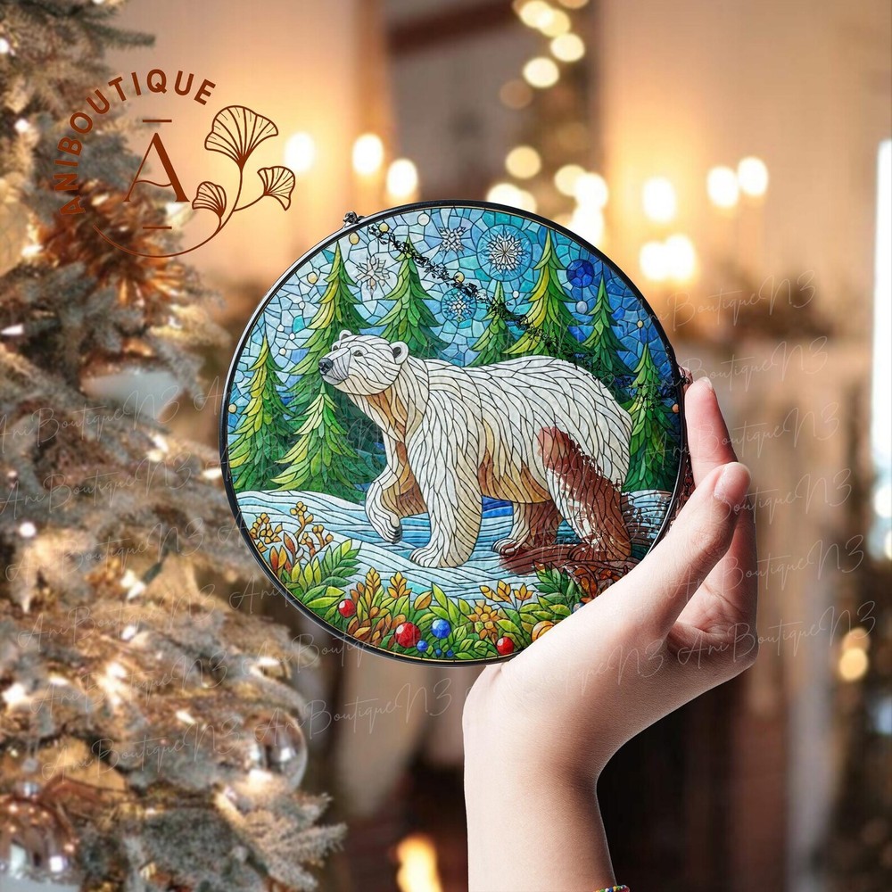 Polar Bear And Evergreen Trees Glass Suncatcher Polar Bear Suncatcher Home