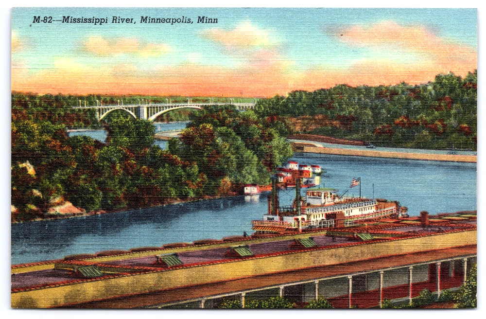 Minneapolis Minnesota MN Mississippi River Bridge Steam Boat Vintage Postcard