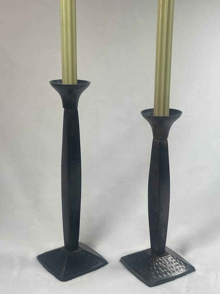 Pair VTG Hand Hammered Black Iron Candlestick Holders Heavy Metal Rustic