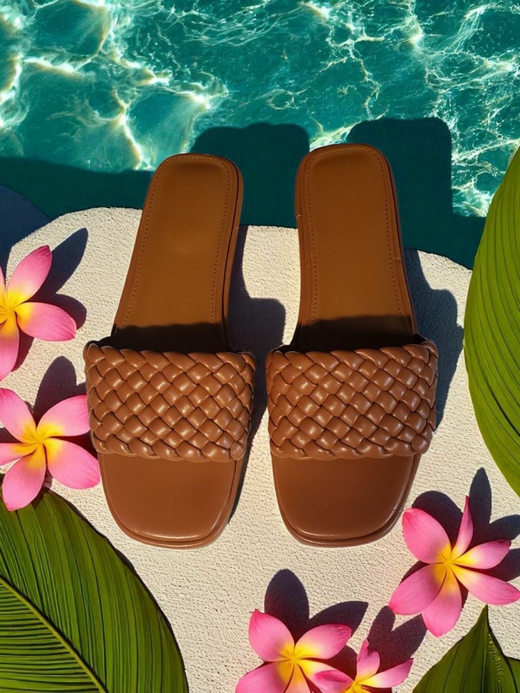 Nine West Women's, Brown, Faux Leather, Basket Weave, Flat Sandals, Size 7M