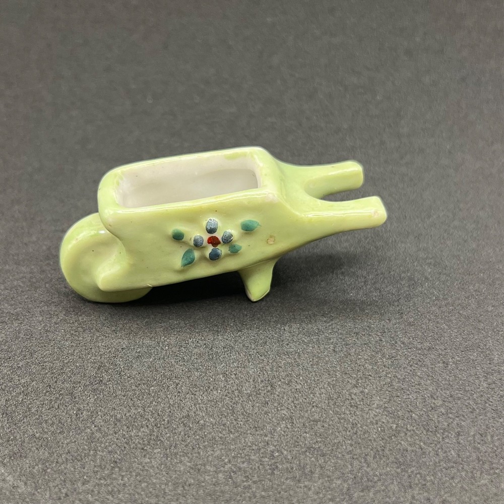 Occupied Japan Vintage Wheelbarrow Planter Green Ceramic Flower Figurine 2.5