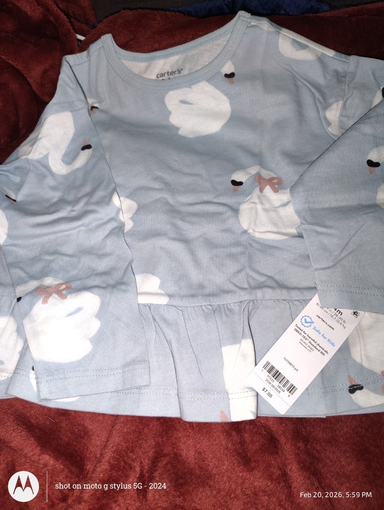 NWT Carter's Baby Girl 24M Blue Swan Print Peplum Long Sleeve Top Ruffle Hem