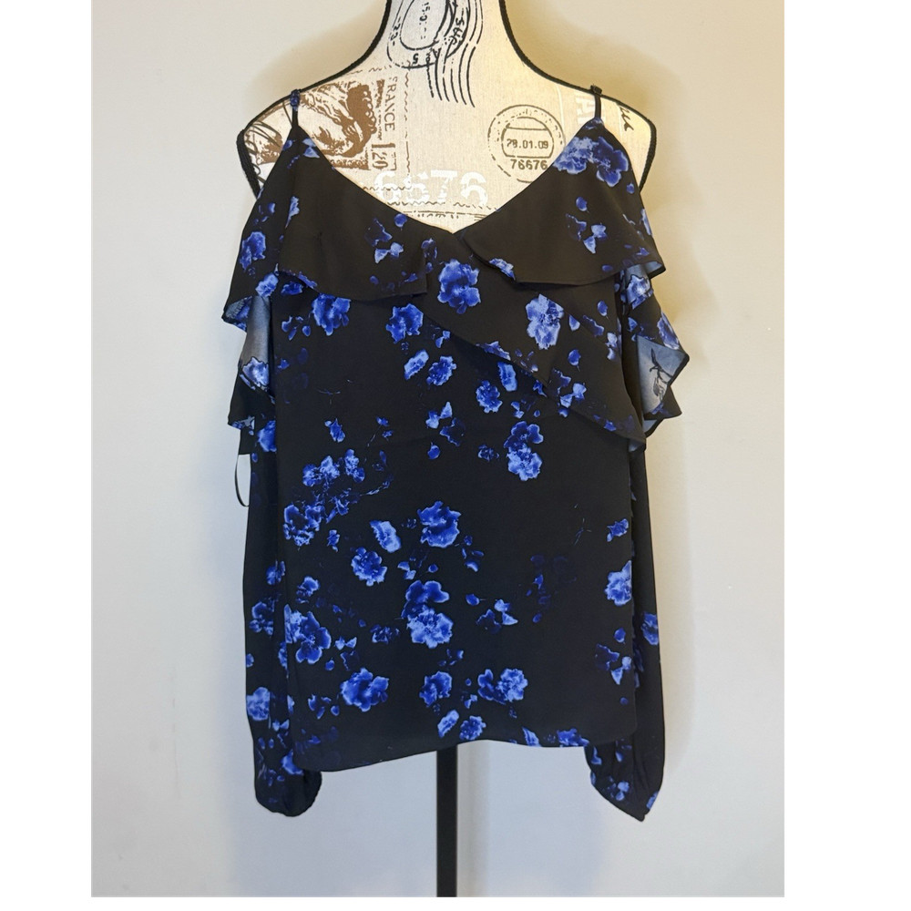 Express Cold Shoulder  Black Blue Floral Ruffle V-Neck Long Sleeve Blouse Size L