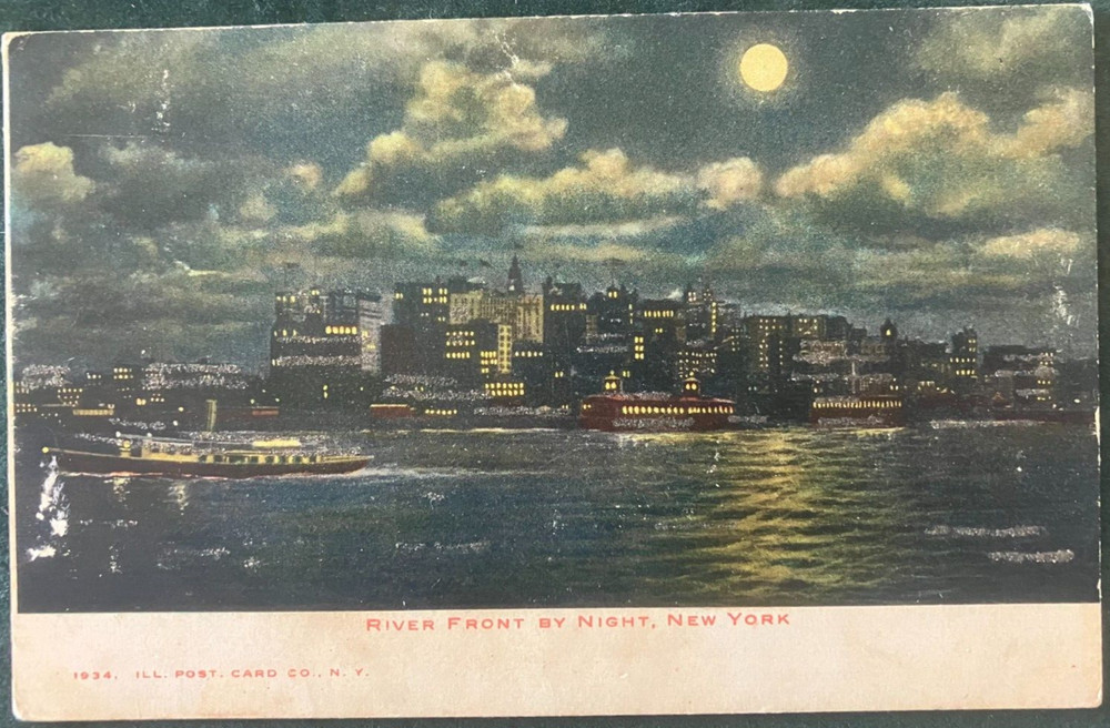 Antique postcard: Aerial view of New York City River Front w/ sparkles, unposted