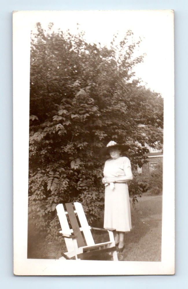 Old Vintage Photo SOLO OLDER WOMAN IN YARD BY CHAIR ANTIQUE SNAPSHOT