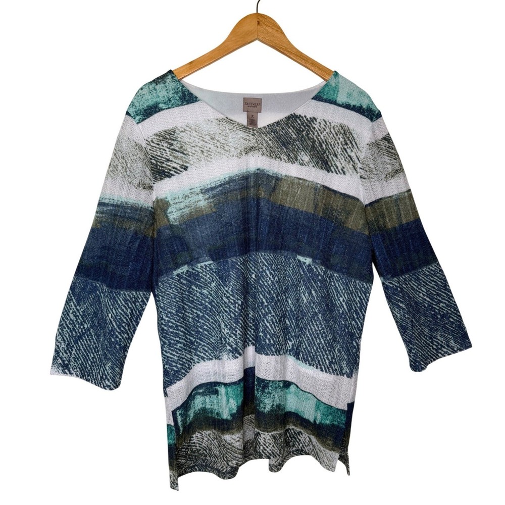 Chico's Easywear Top 3 XL Blue Teal Abstract Stripe Textured Knit 3/4 Sleeve