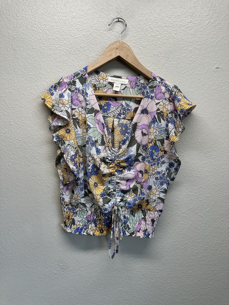 Monteau Los Angeles Floral Cinch Front Crop Top  V Neck Preppy Size Large Y2K