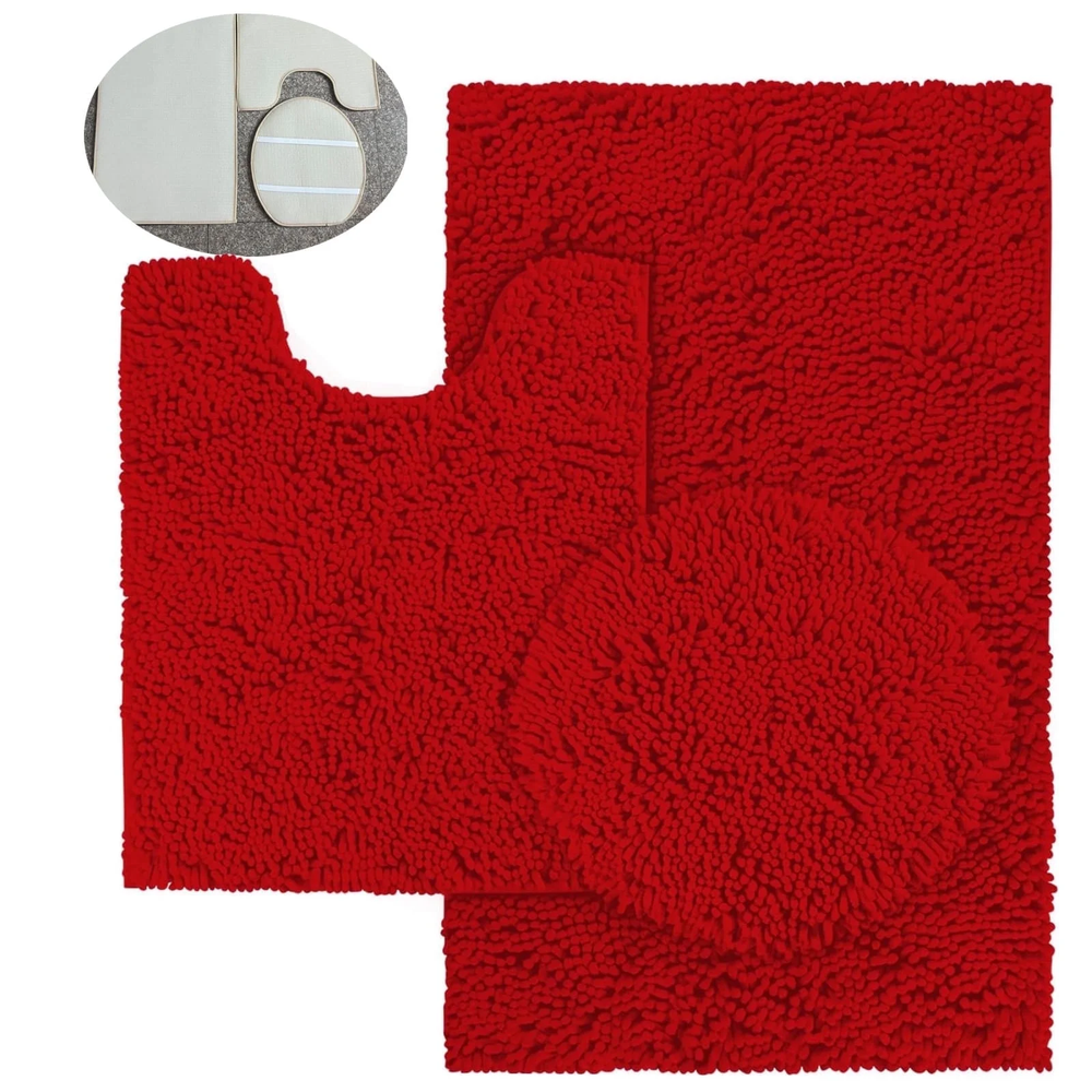 Plush Chenille 3-Piece Bath Mat Set with U-Shaped Toilet Rug