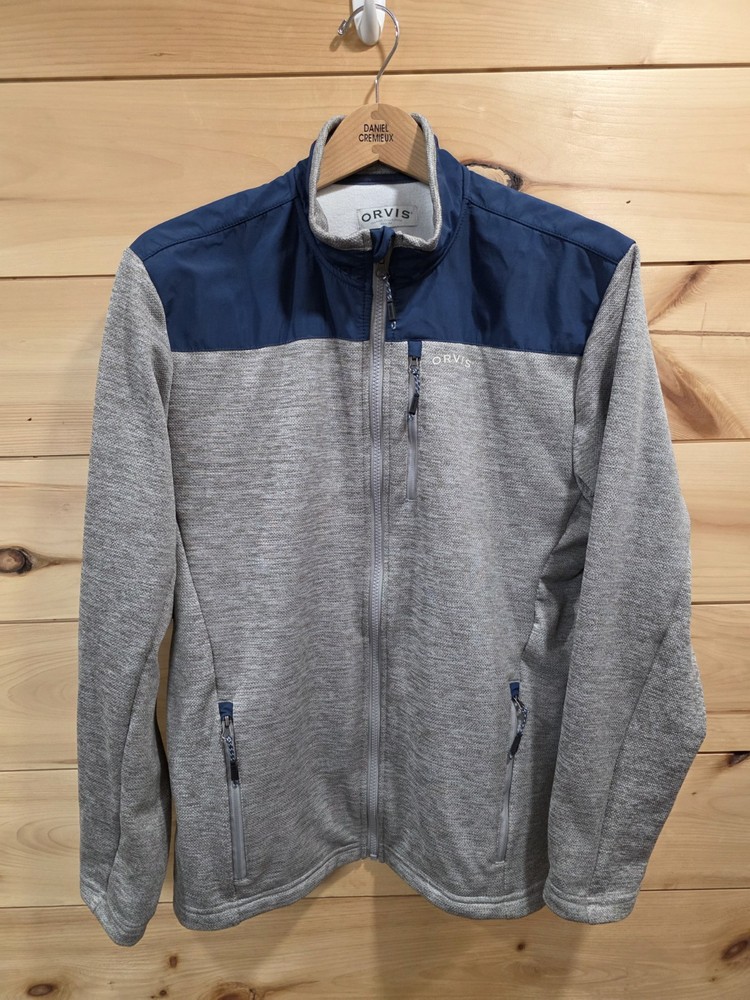 Orvis Men’s Fleece Jacket Gray Full Zip M Outdoor Hiking Sweater Coat Blue Trim