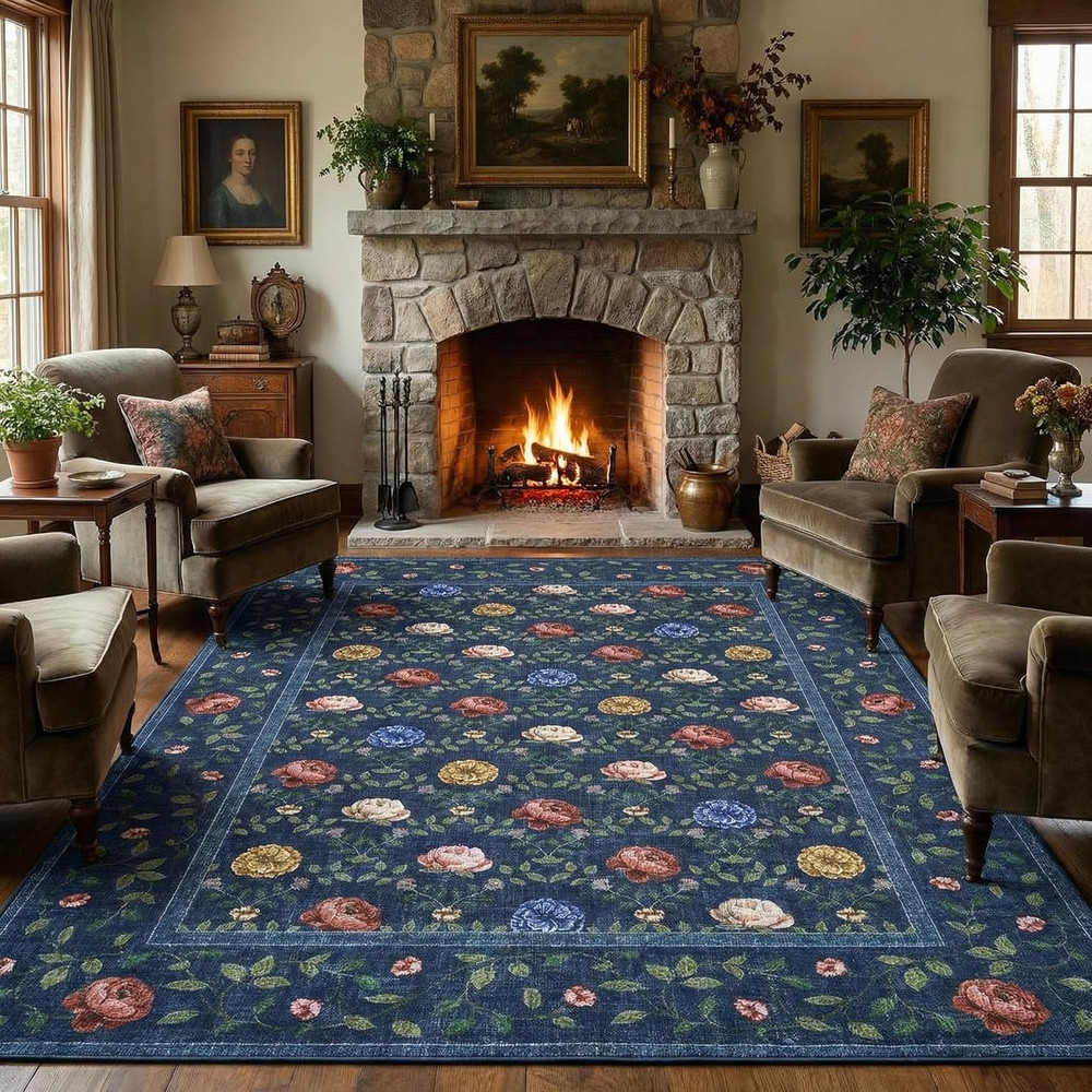 Floral Living Room Rugs, Washable 5X7 Area Rug Vintage Soft Boho Non-Slip Carpet