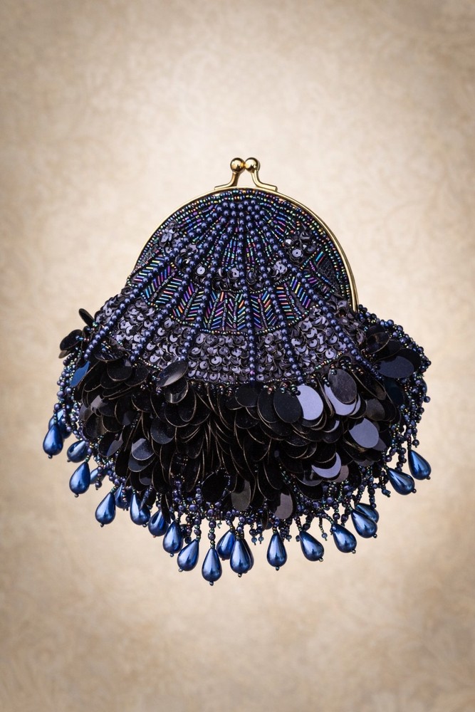 VTG Far Nine Beaded Sequin Evening Bag Blue Iridescent Kiss Lock Purse