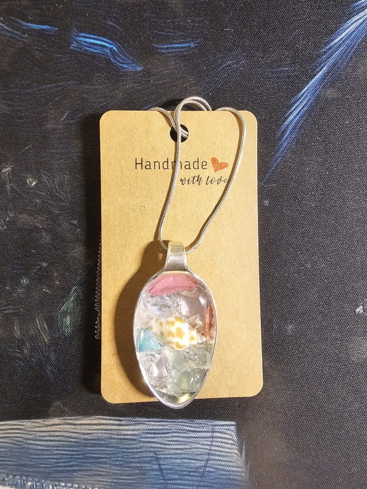 Artisan Handcrafted Spoon Pendant Necklace Shell Glass Silver Snake Chain
