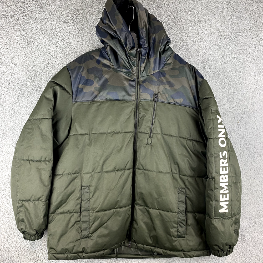Members Only Mens XL Green Camo Fleece Hooded Puffer Coat Heavy Jacket