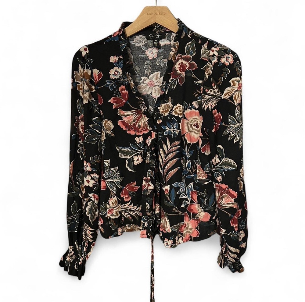 Jessica Simpson Women’s Small Black Floral Top Pin Closure Blouse Boho Style