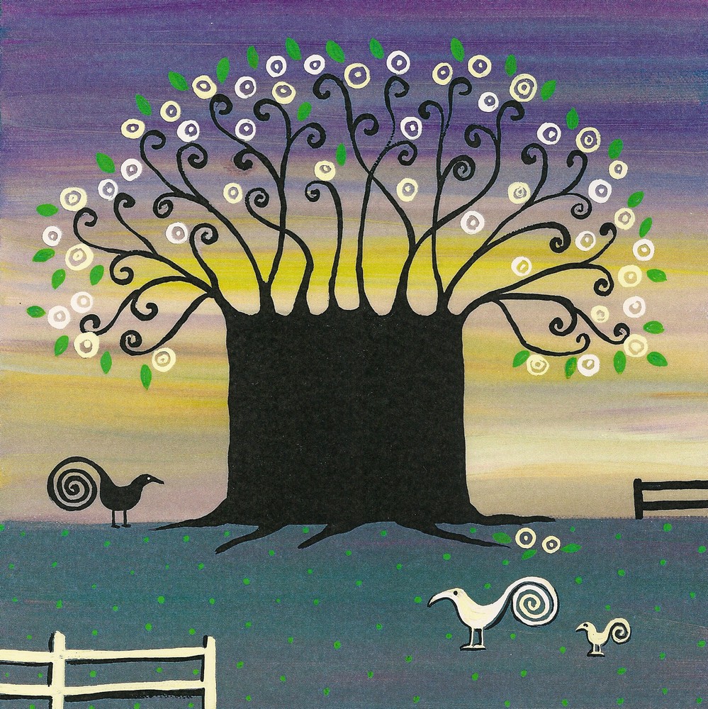 8x8 PRINT OF PAINTING ABSTRACT FOLK ART RYTA TREE LANDSCAPE spring birds flowers