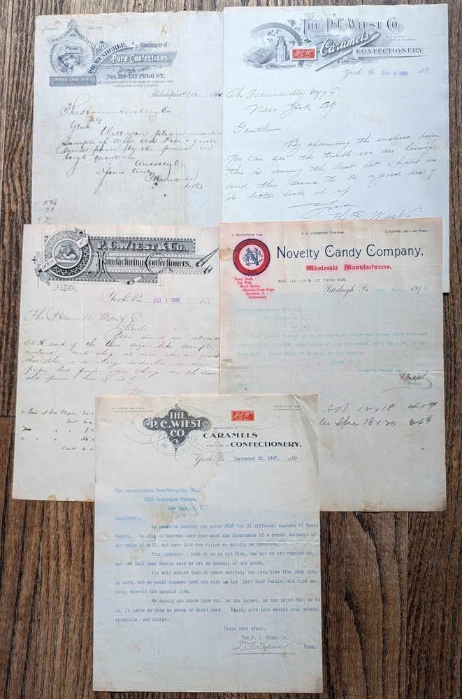 Vintage 1890s Wiest Caramels Letterheads Lot of 5 Wunderle Candy Ephemera