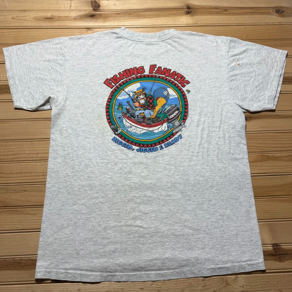 Vintage 1997 Fishing Fanatic Fisherman Rigged Jigged Ready Funny T-Shirt - XL