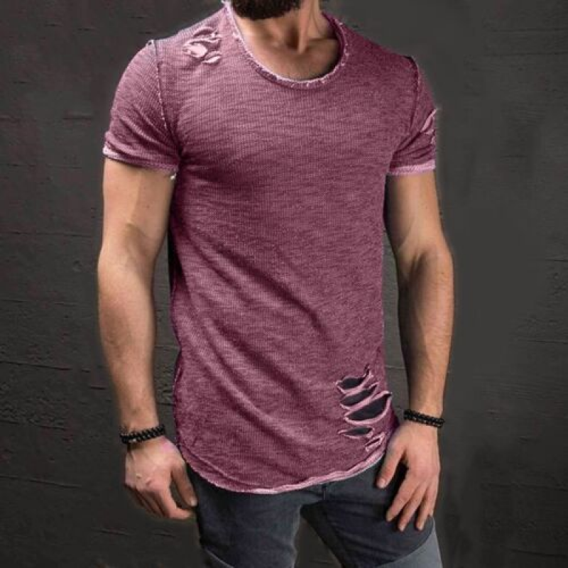 Men's Slim Fit O Neck Short Sleeve Muscle Tops Tee T-shirt Ripped Casual Blouse