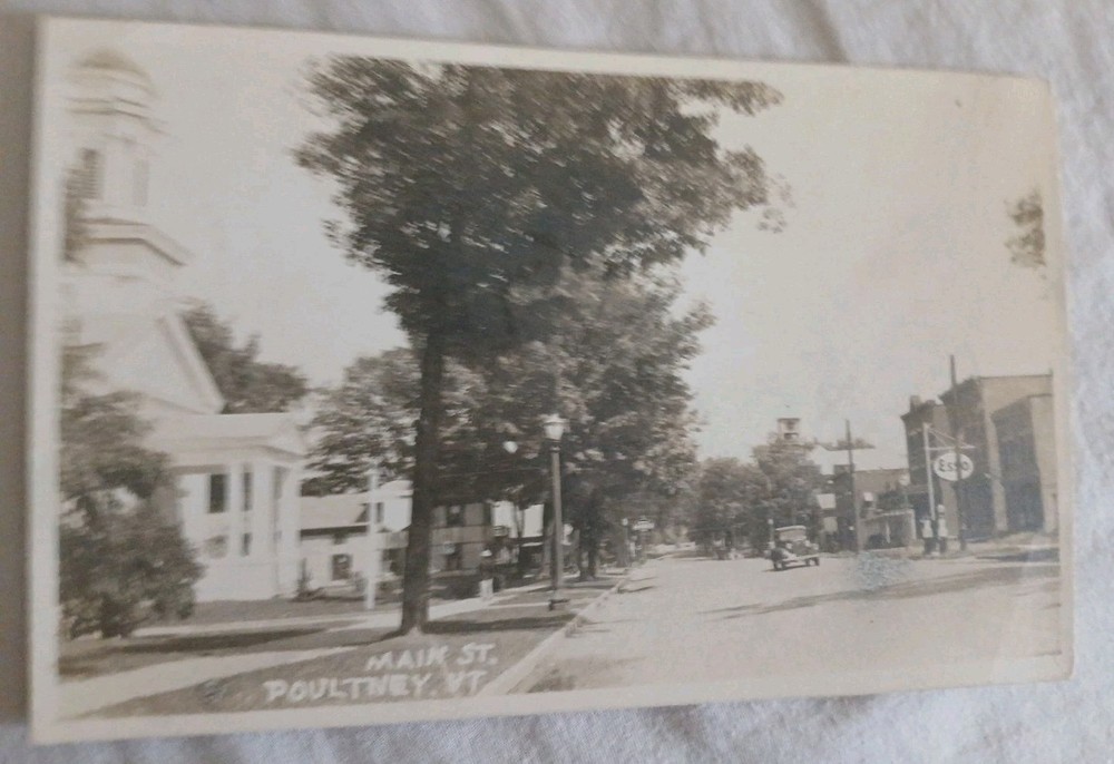 RPPC Poultney VT. Main Street View 1912  ESSO station Old Cars A Look Into 1912