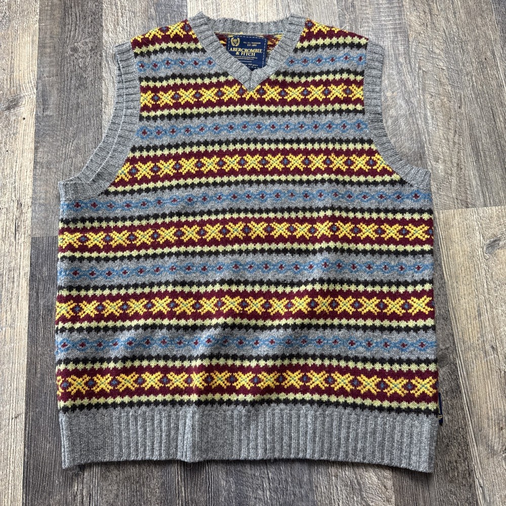 Mens Abercrombie & Fitch Wool Blend Sweater Vest Grey Nordic Christmas Size XL