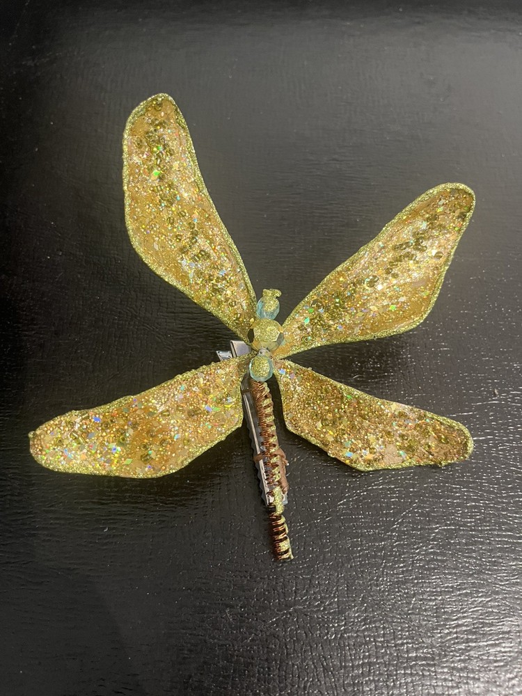 Clip-On Gold Dragonfly  Ornament W/ Sequins, Colorful & Whimsical Decor