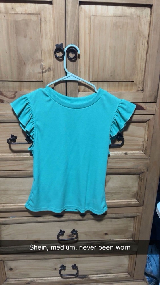 SHEIN Girls Blue Solid Ruffle Short Sleeve Crew Neck T-Shirt Size M