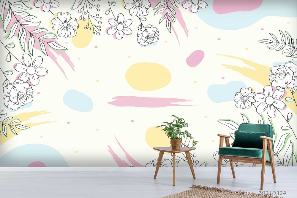3D Hand-drawn Flower Leaves Watercolor Wall Murals Wallpaper Murals Wall Sticker
