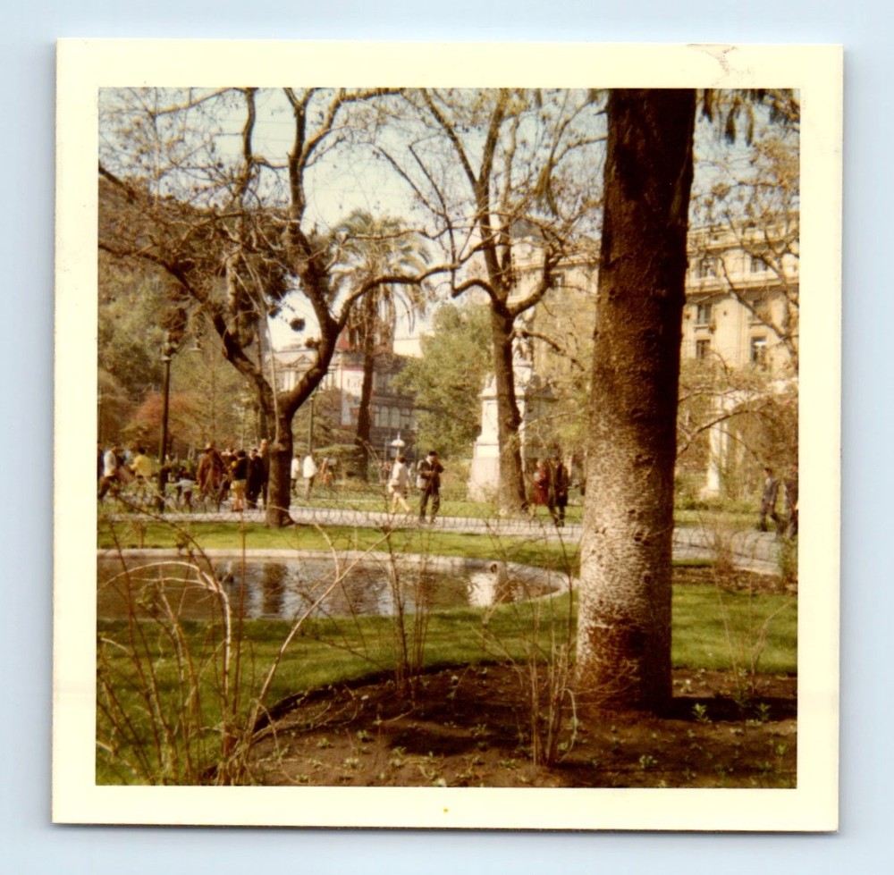 Old Vintage Square Color Photo CITY PARK LANDSCAPE POND STATUE PEDESTRIANS