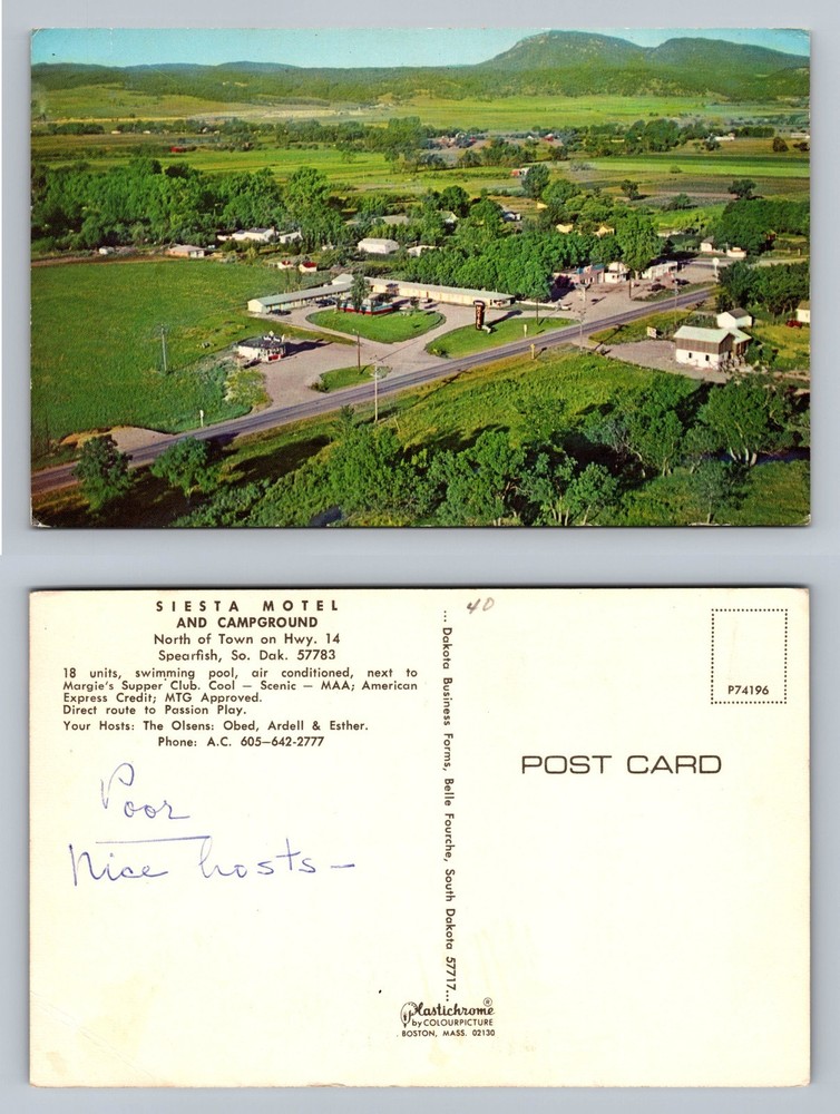Spearfish, SD-South Dakota, Siesta Motel Aerial View Souvenir Vintage Postcard