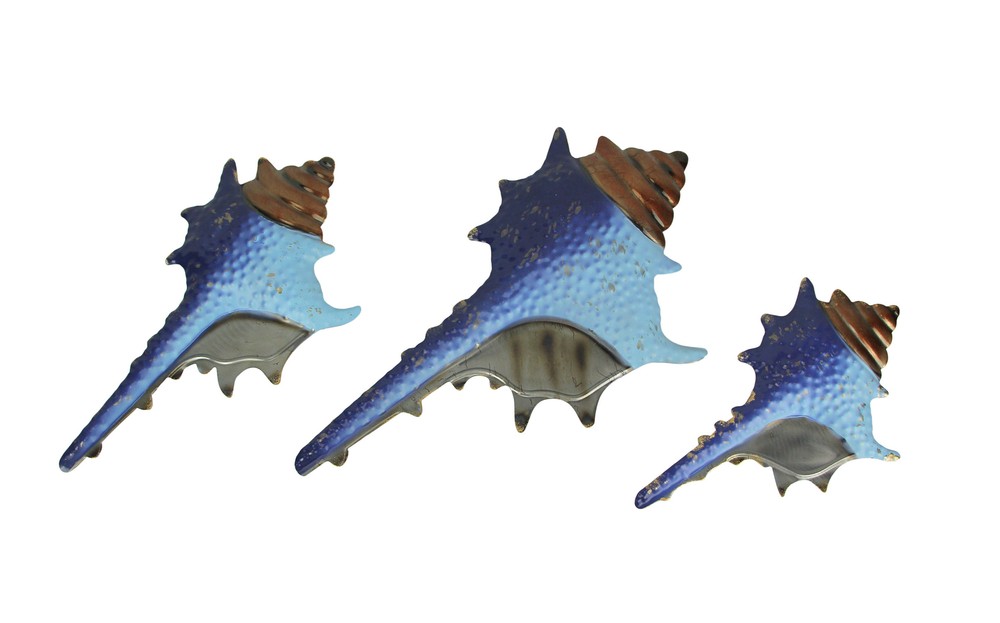 Set of 3 Blue Metal Seashell Decorations Wall Hanging Sculpture Beach Home Decor