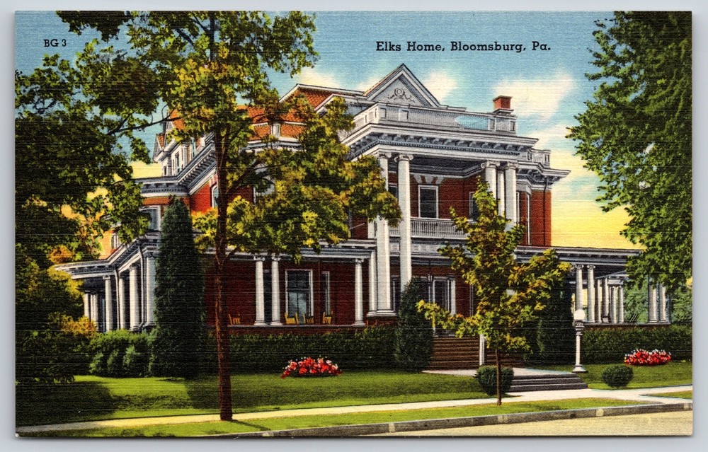Bloomsburg Pennsylvania~Elks Home~Streetlamp~Widows Walk~Vintage Linen Postcard