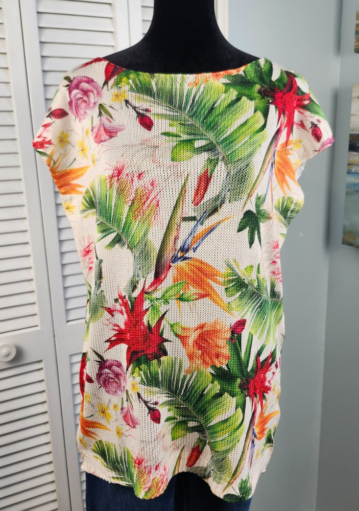 NWT Luisa Ricci Knit Top sz L Birds of Paradise Italian Tropical Resortwear