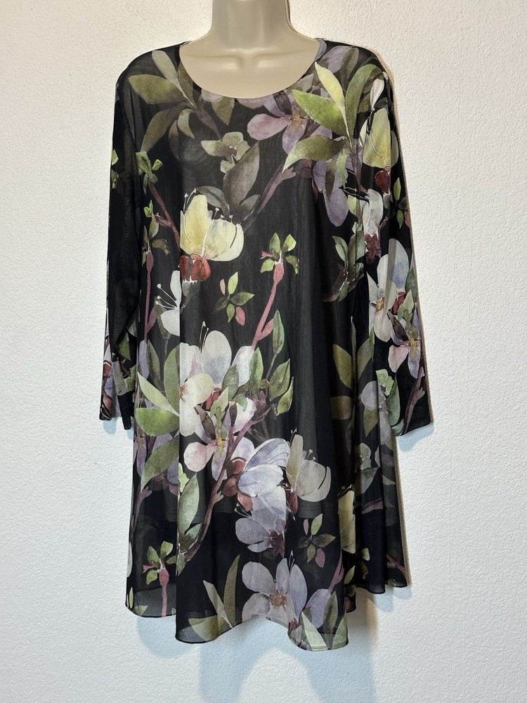 Serengeti Womens Dark Floral Stretch Tunic Top 3/4 Sheer Sleeves Size XL V-Neck