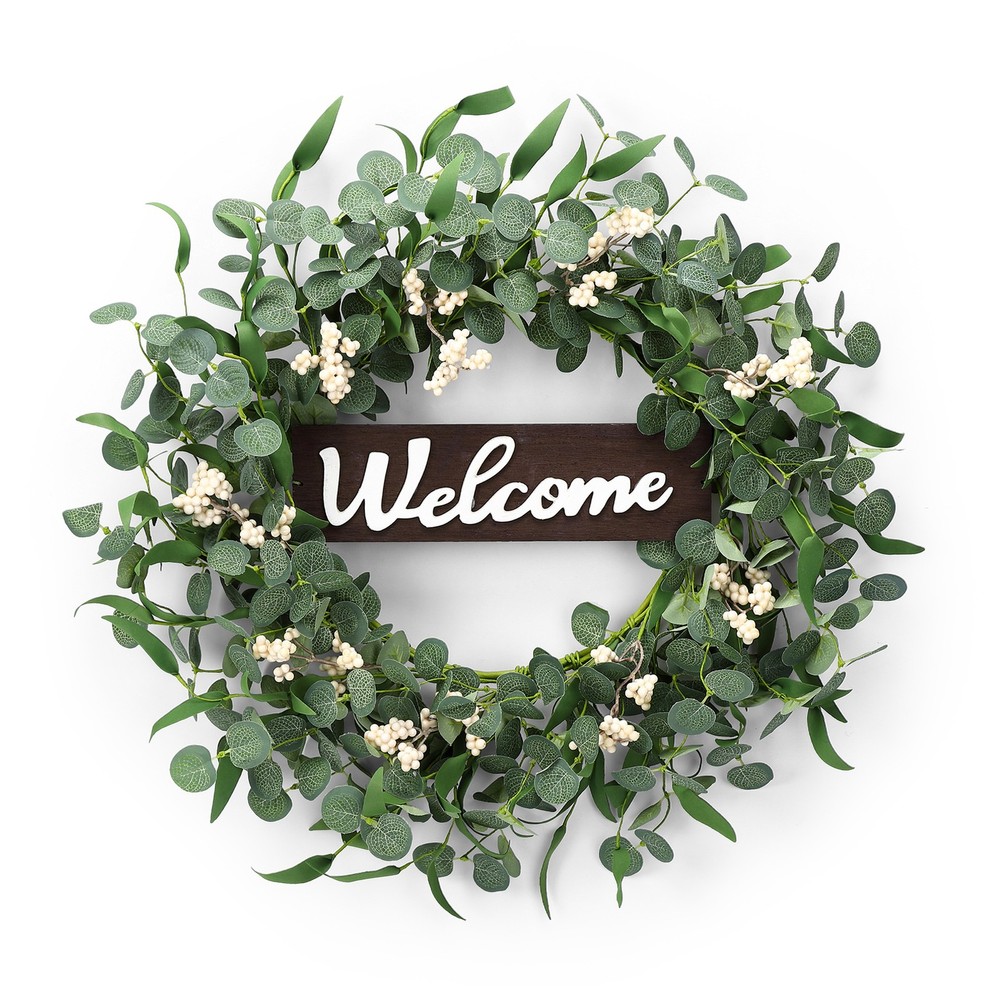 20 Inch Green Faux Eucalyptus Wreath with Welcome Sign for Door or Wall Decor  