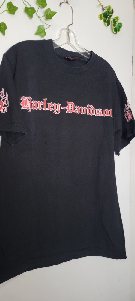 Vintage Harley Davidson Men's Large Flame Logo Sleeve Graphic Y2K Biker T-shirt