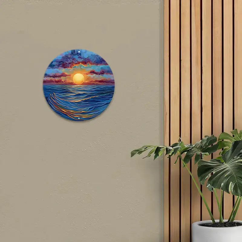 Large Round Coastal Sunset Ocean Metal Wall Art Decor