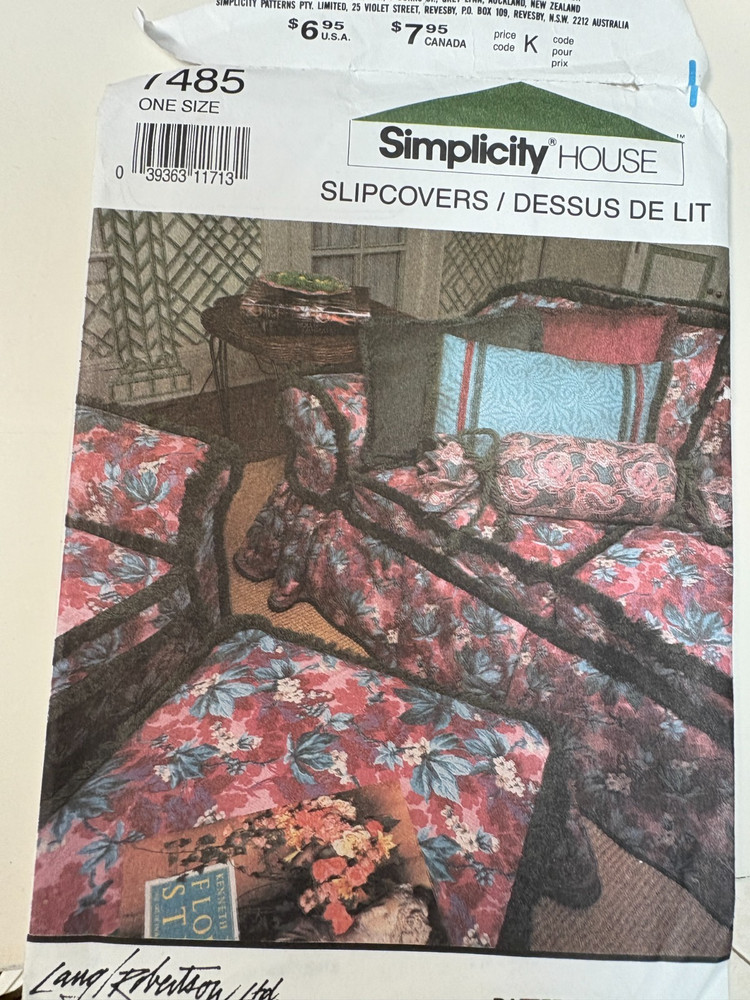 Simplicity 7485 sewing pattern:  Couch/Chair/Ottoman SLIPCOVERS  UNCUT