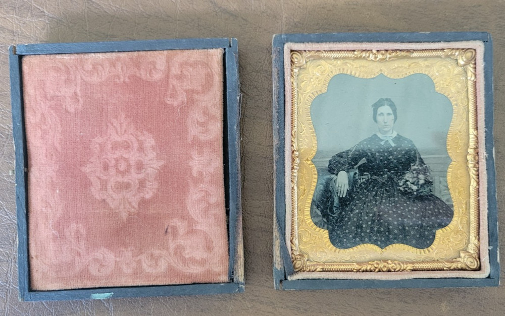 Antique Mid 1800s Tin Type Photograph Case with Picture of Creepy Old Woman
