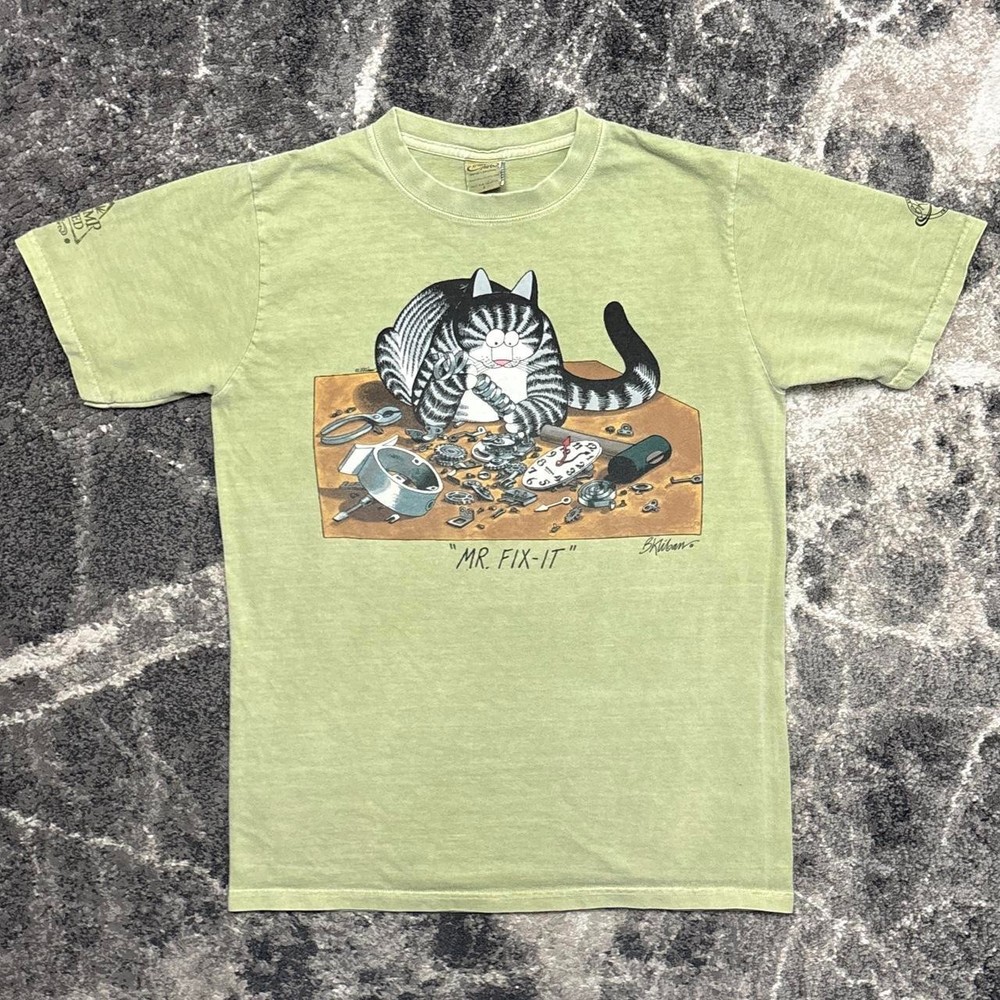 Vintage B Kliban Cat Shirt Adult Small Crazy Hawaii Green Art Mr Fix It Y2K 90s