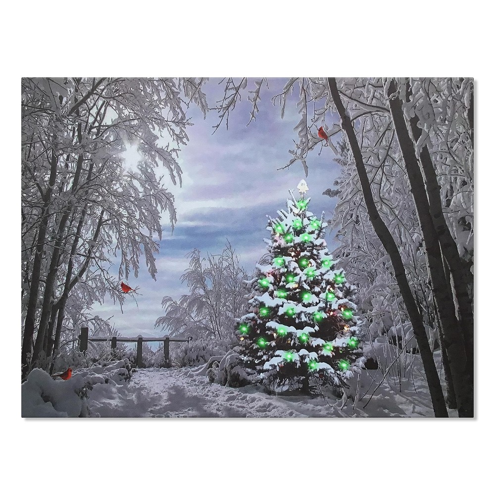 Lighted Christmas Canvas Print - Xmas Trees and Cardinals - Snowy Day in the ...
