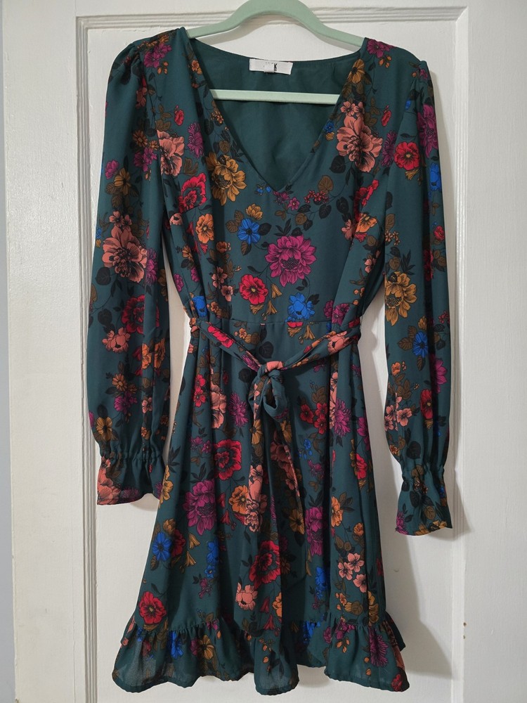 Jack by BB Dakota Green floral Print V Neck Mini Belted Dress Size 8
