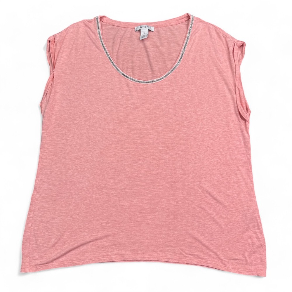 White House Black Market Blouse Top Womens Size XL Pink Rhinestone Cuffed Sleeve