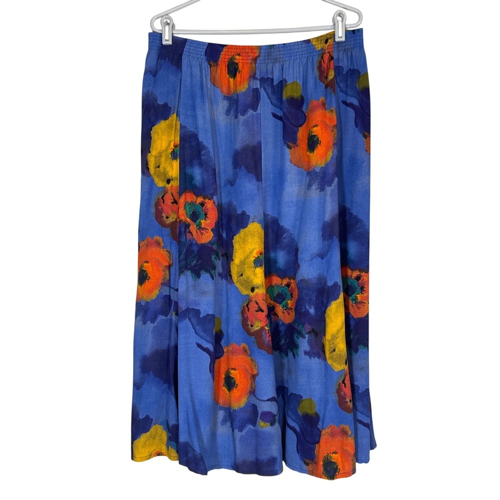 Vintage Blue Floral Artsy Watercolor Midi Skirt Women 1X Art to Wear Bright Blue