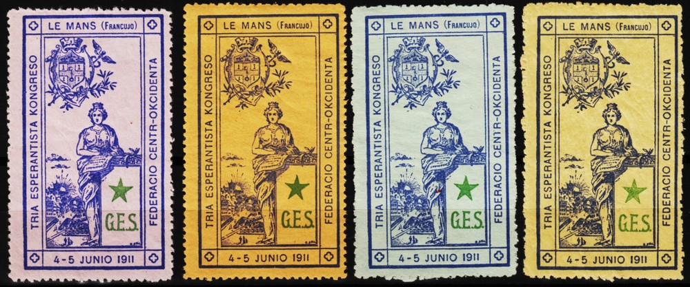 4 vintage poster stamps 1911 Le Mans, 3rd Esperanto Congress, in Esperanto /1206