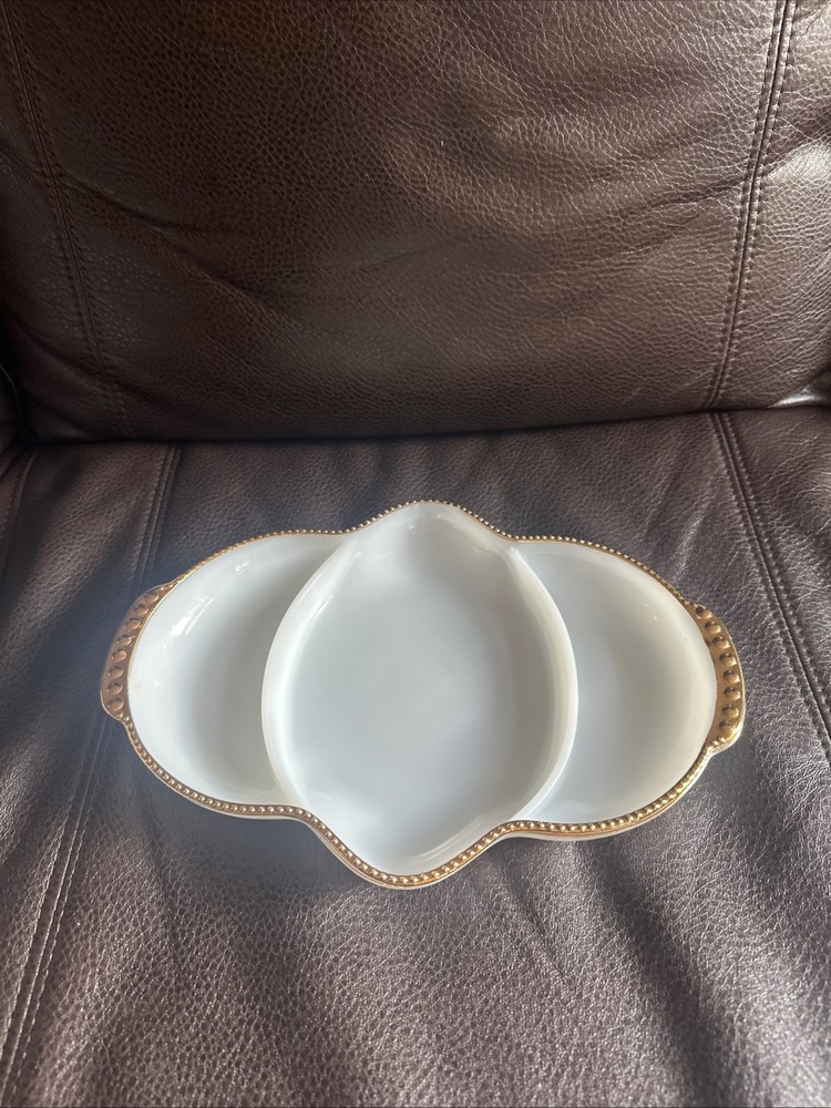 Vintage Fire King Oven Ware White Milk Glass with Gold Trim Divided Dish 11