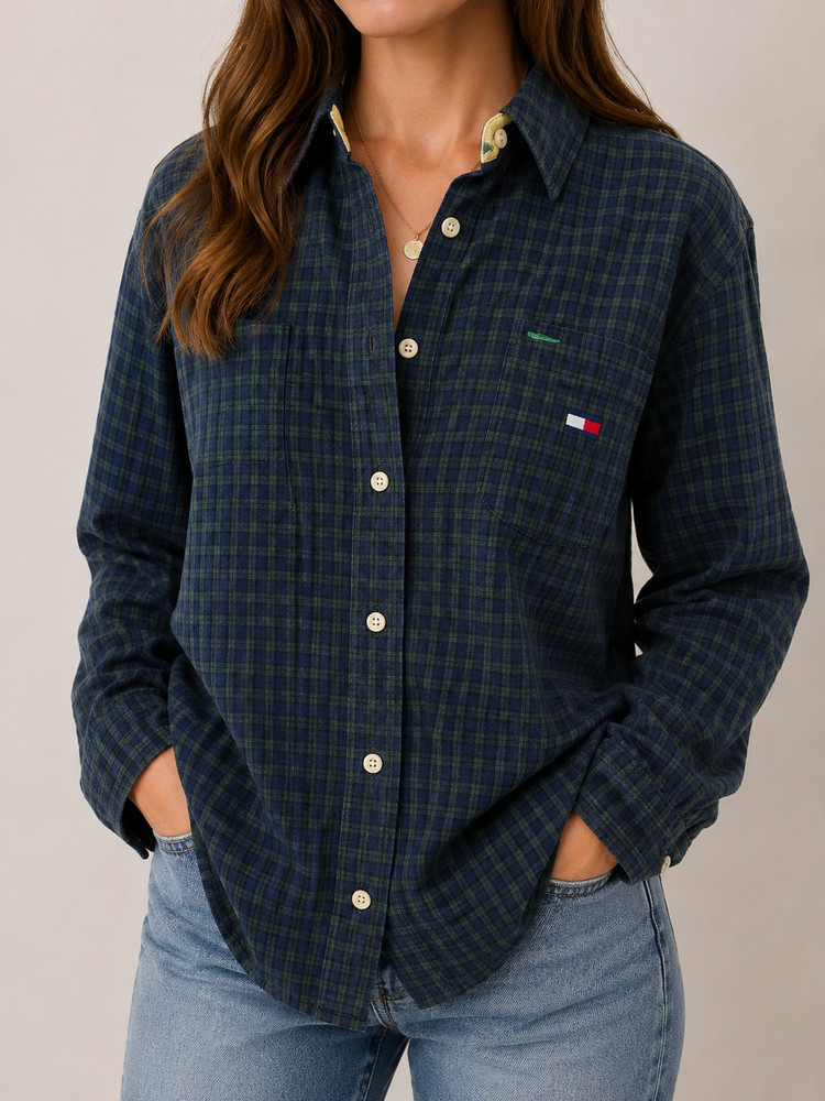 Tommy Hilfiger Vintage Plaid Button Up Shirt Women’s Size 8 Green Preppy 90's
