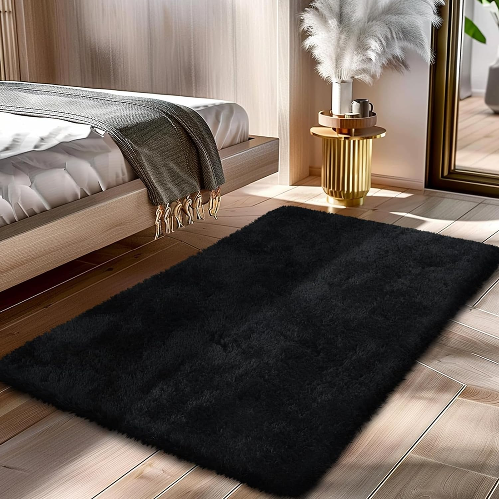 Fluffy Rug Shaggy Area Rug, Black 2X4 Area Rugs for Bedroom, Small Bedside Rug,